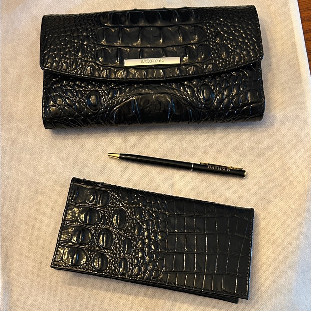 Brahmin Black Croc-Embossed Wallet, Checkbook Cover & Pen Set